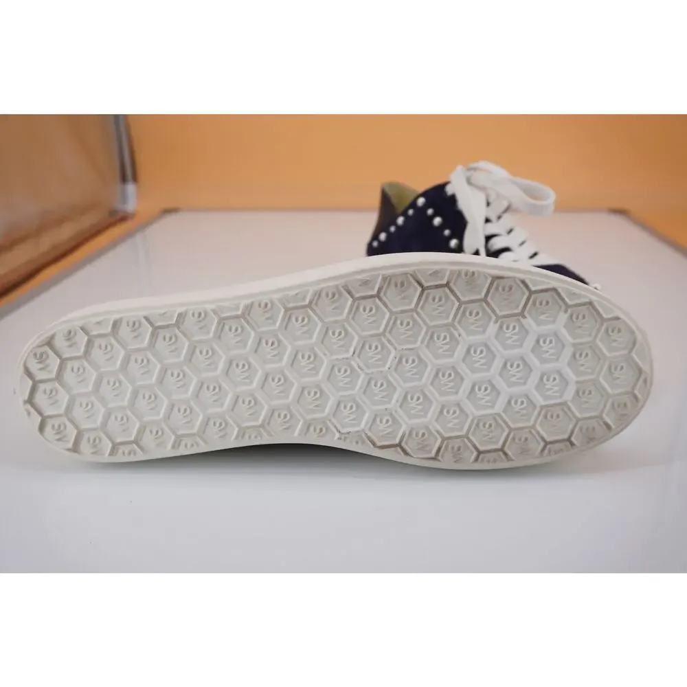 Stuart Weitzman Super Stud Blue Suede Beaded Flat Sneakers Size 9 New $350